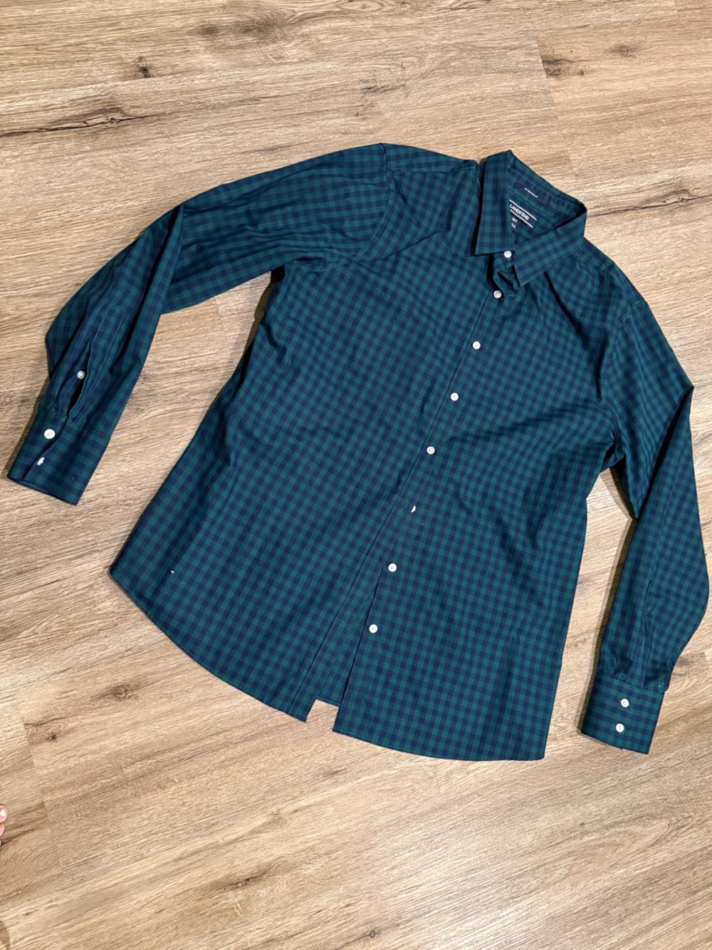 NWOT Lands' End Dark Green and Navy Plaid Button-Down Fitted Supima No Iron